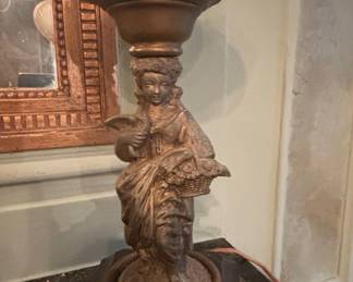 Victorian Figural Oil Lamp with Frosted Etched Globe and Cherub Figure