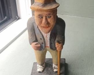 Folk Art Carved Wooden Figures and Figural Pottery Dish