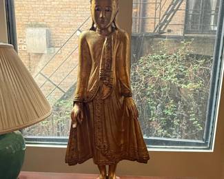Antique Burmese Mandalay Gilded Wood Standing Buddha Statue