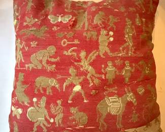 Antique Textile Pillow with Figural Scene - Medieval Brocade Style