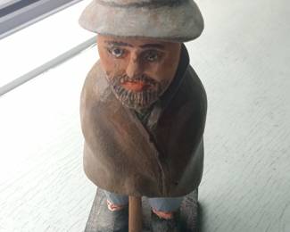 Folk Art Carved Wooden Figures and Figural Pottery Dish