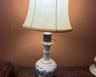 Victorian Blue and White Ceramic Oil Lamp with Brass Accents