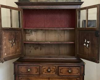 Antique Arts and Crafts Oak China Cabinet with Marquetry
