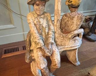 Folk Art Cast Stone Figural Grouping of Two Figures on a Bench