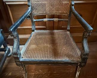 Regency Style Ebonized and Gilt Stenciled Cane Seat Armchair