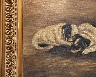 Oil Painting of Pugs in Ornate Frame
