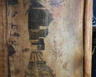 Antique Painted Leather Fire Bucket with European City Scene