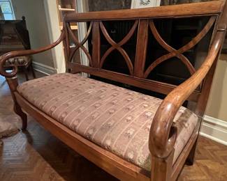 Regency Style Mahogany Settee with Upholstery and Pillows
