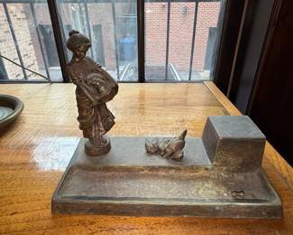 Bronze Figural Desk Set with Woman and Cat, possibly by Peter Tereszczuk