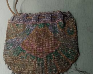 Antique Beaded Drawstring Purse with Floral Motif - Victorian Era
