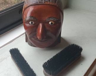 Vintage Folk Art Wooden Shoe Brush Holder - Stylized Native American Head