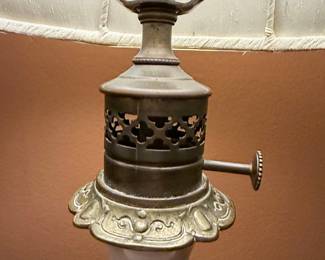 Victorian Blue and White Ceramic Oil Lamp with Brass Accents