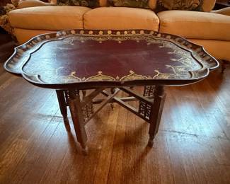 Vintage Moroccan Octagonal Painted Tray Table with Folding Base