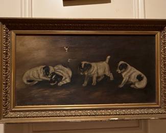 Oil Painting of Pugs in Ornate Frame