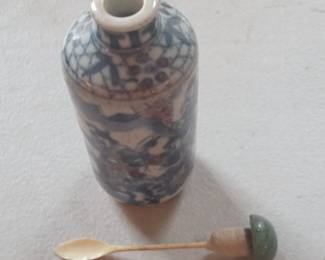 Assorted Collectibles: Wooden Box, Ceramic Dish, Chinese Snuff Bottle, and Ceramic Figurine
