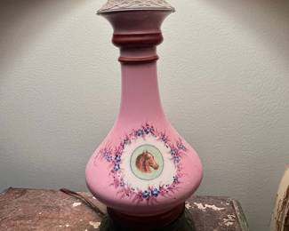 Victorian "Gone With The Wind" Style Pink Opaline Glass Lamp with Horse Motif