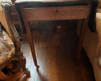Antique Mahogany Drop Leaf Side Table with Drawer and Inlay