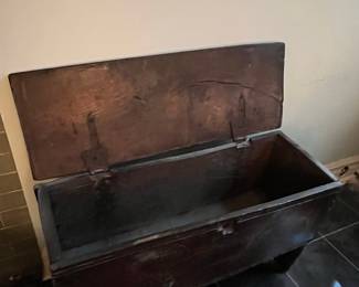 Antique Oak Six-Plank Coffer with Trestle Base