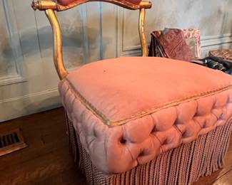 Victorian Giltwood Tufted Ottoman Stool with Fringe and Casters