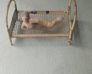 Victorian Style Bisque Doll on Metal Bed with Keepsake Box