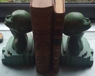 Art Deco Style "Head" Bookends with "Lights and Shadow of New York Life" Book