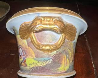 Art Nouveau Style Ceramic Planter with Mask Handles and Pastoral Scene