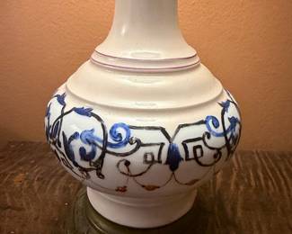 Victorian Blue and White Ceramic Oil Lamp with Brass Accents