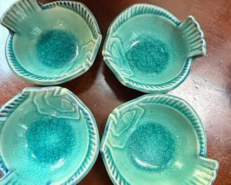 Set of 4 Vintage Turquoise Crackle Glaze Ceramic Fish Dishes