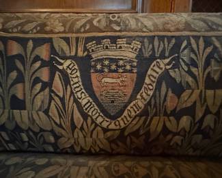 Arts and Crafts Settee with Embroidered Crest and Folate Tapestry