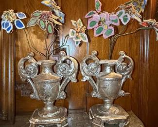 Pair of Neoclassical Giltwood Urn Pedestals with Applied Ornamentation