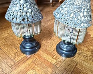 Pair of Victorian Style Table Lamps with Pierced Metal Shades and Beaded Fringes