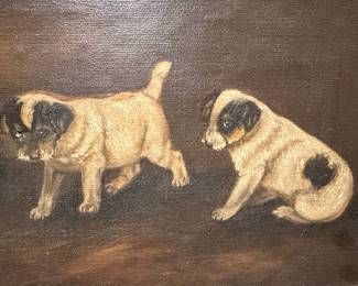 Oil Painting of Pugs in Ornate Frame