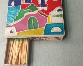 Vintage Ceramic Matchbox Holder with Mediterranean Village Scene - Capri/Amalfi Coast Style