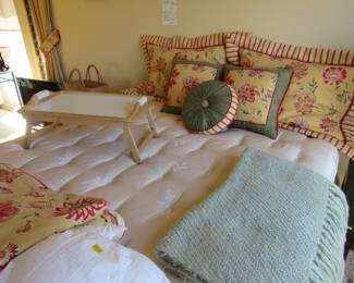 Queen Sized bed with custom bedding. Coverlet, pillows, curtains and valancess