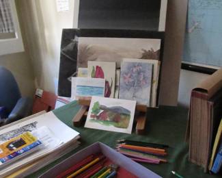 Art and supplies including artist pencils, charcoal pencils, paints and brushes, art books!