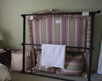 Queen bed frame with custom headboard and bedding plus cushions!