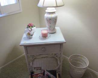 White Wicker Night Stand, floral lamp, waste basket