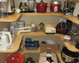 Kitchen pantry with small appliances including a Hot Pot (new in box)