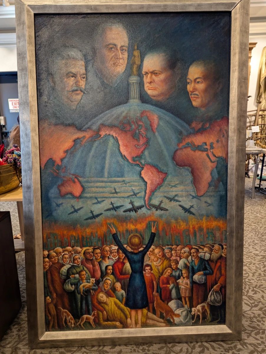 WPA sponsored original oil painting art "They Shall Not Want" by Nathalie Newking. C. 1942. Large and incredible. 65.5" tall 44" wide including frame! Signed. From the estate of El Vez!