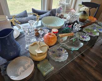 pottery, hand painted dishes, crystal candle sticks, pitchers