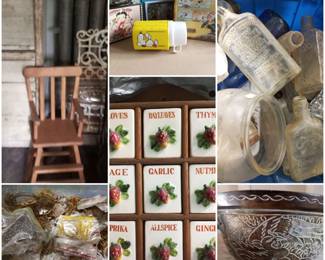 Old bottles, vintage spice wall rack, fantastic old gas stove, vintage cabinet, jewelry making items and  engraved Asian bowl