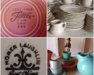 Vintage Fiesta dishes, Large ball pitcher with ice lip and Homer Laughlin Restaurant ware (like ironstone) 