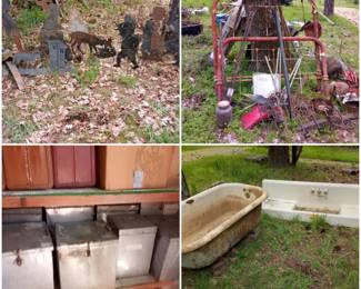 Yard Decor, Rusty Treasures, Farmhouse Cast Iron Sink and Tub and Treasure Boxes yet to be opened