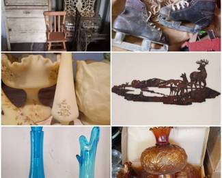 Fenton, vintage blown and slung aqua glass, amber oil lamp shades, metal wall art and cute little ice skates from Canada