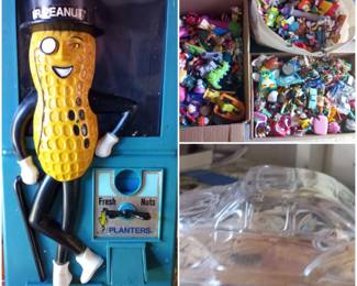 Vintage Planters Mr Peanut vending machine, Large collection of small vintage toy figurines, Vintage Glass Volkswagen Bug candy dish  
