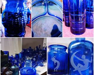 Vintage Mr Peanut jar, LE Smith Divided Plates and plenty more old Cobalt glass items