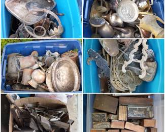 Old metal items. Newspaper printing blocks, Silverplate, copper and brass