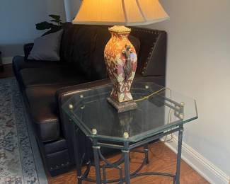 Glass table with iron legs, lamp will sell separately