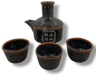 Raku Stoneware Sake Bottle and Cups