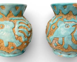1960's Sgraffito Fish Italian Pottery Vases, Pair